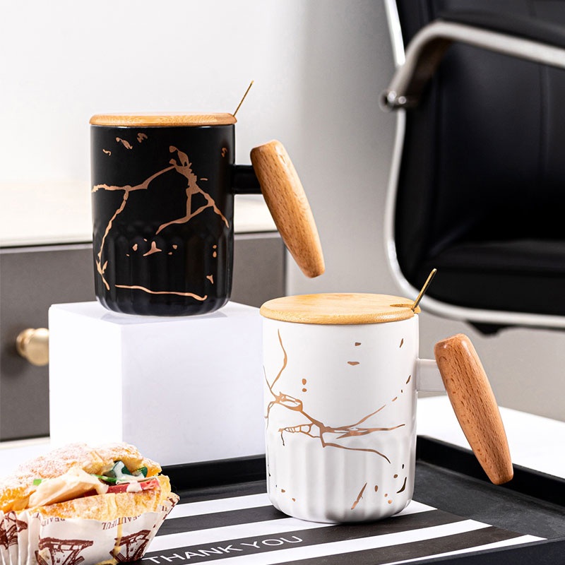 Custom New Design Creative Marble Texture Wooden Handle Ceramic Mug Coffee Cup with Lid and Spoon – Gift and Mug price