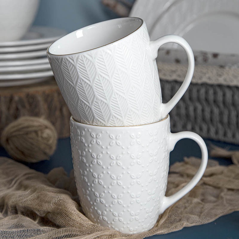 Happy Go Wholesale Modern Embossed Texture White Porcelain Coffee Mug with Gold Rim – Wholesale Mug and Contemporary Coffee Mug price