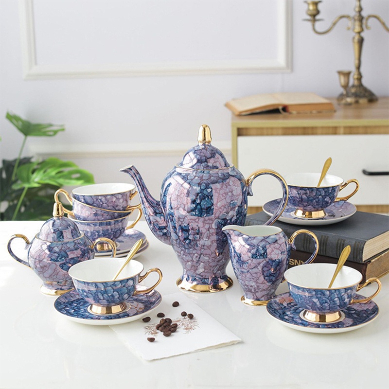 European Bone China Tea Sets High-Grade Gemstone Blue Pink 15-Pieces Ceramic Coffee Cup Set – Ceramic Coffee Cup and Ceramic Cup price