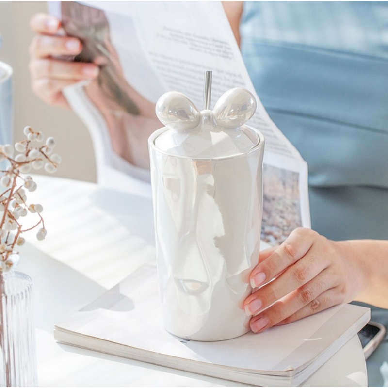 Double Straw Bowknot Girls Handy Cup Anti-Scalding Pearl Glaze Girls Cute Ceramic Drinking Mug with Lid – Ceramic Mug and Mugs Ceramic price