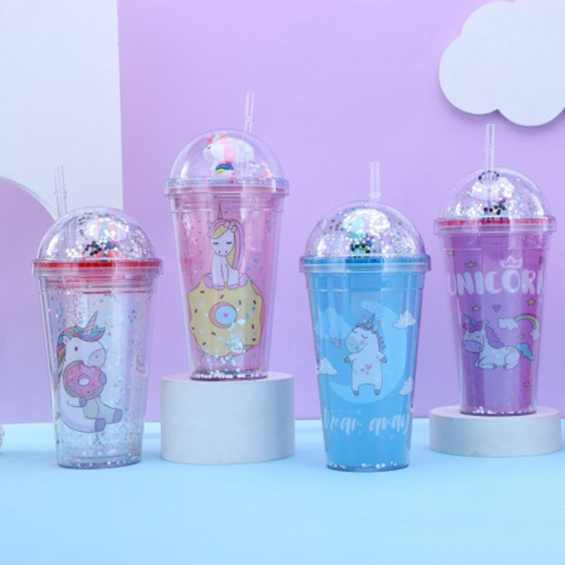 Custom Logo Unicorn Fancy Iced Summer Glitter Straw Children Tumbler with Straw – Plastic Cup and Double Wall Plastic Cup price