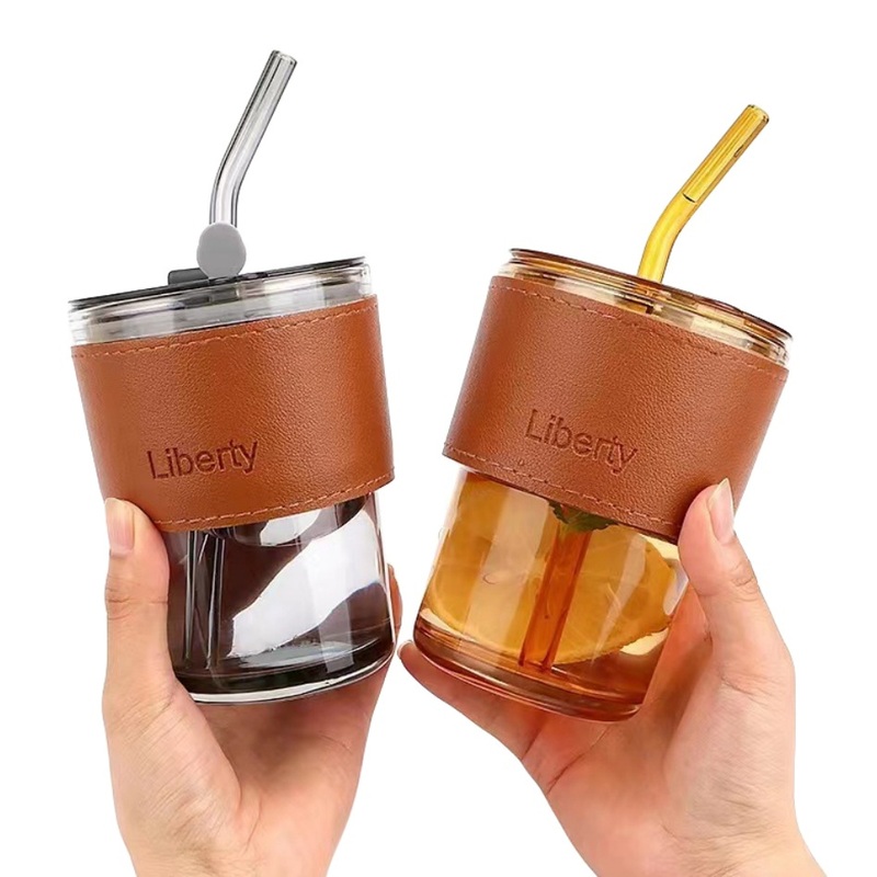 450ml Bamboo Shape Glass Coffee Cup 14oz Factory Made Glass Milk Mug Tea Cups with Straw and Leather Sleeve – Glass Coffee Cup and Bamboo Shape Cup price