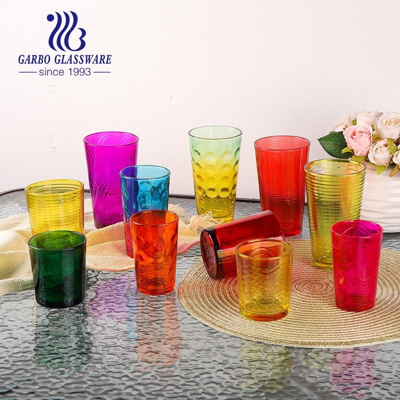 Spraying Color Highball Glass Tumbler V Shape Beverage Cup Inner Embossed Design 16oz Glass Juice Cup Wholesale Cheap Price Glassware – Spraying Color Glass Juice Cup and 16oz Water Glass Tumbler price