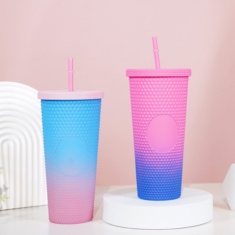 USA Warehouse 24 Oz Double Wall Matte Pink Yellow Jewled Diamond Plastic Acrylic Studded Tumbler with Straw – Sport Water Bottle and Drinking Bottle price