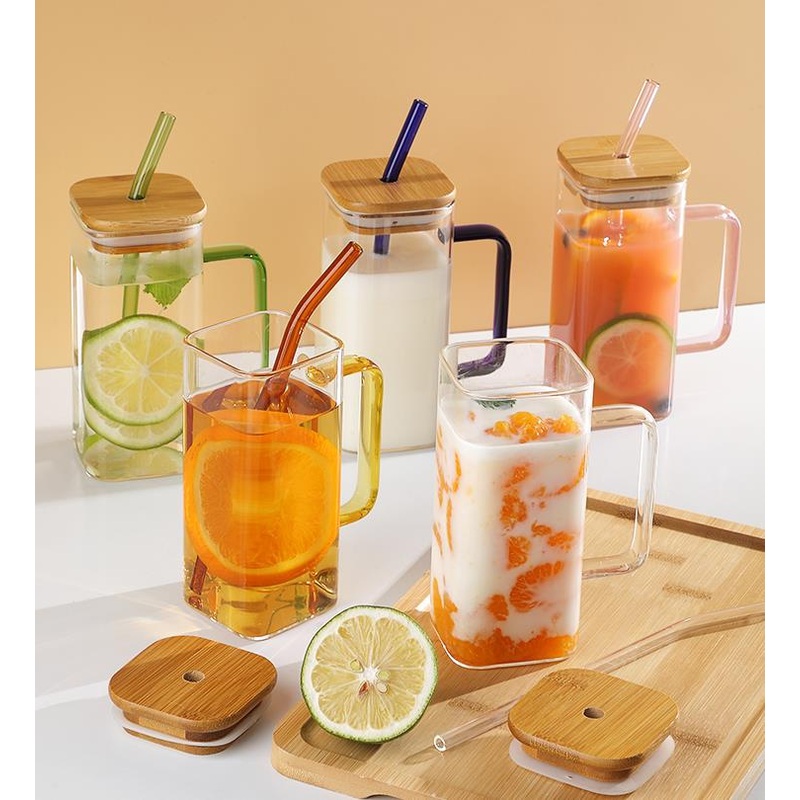 Hot Sale Clear Borosilicate Square Design Milk Juice Coffee Mugs Custom Logo Glass Water Cups with Bamboo Lid and Color Glass Straw – Glassware and Mug price