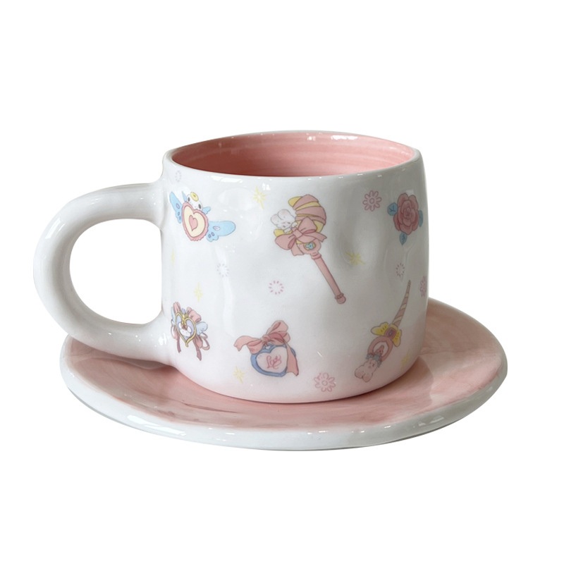 Wholesale Exquisite Pink Ceramic Coffee Mug Saucer Set Girl Heart Design Korea Style Afternoon Tea Cup with Tray Business Gifts – Porcelain Mug and Coffee Cup price