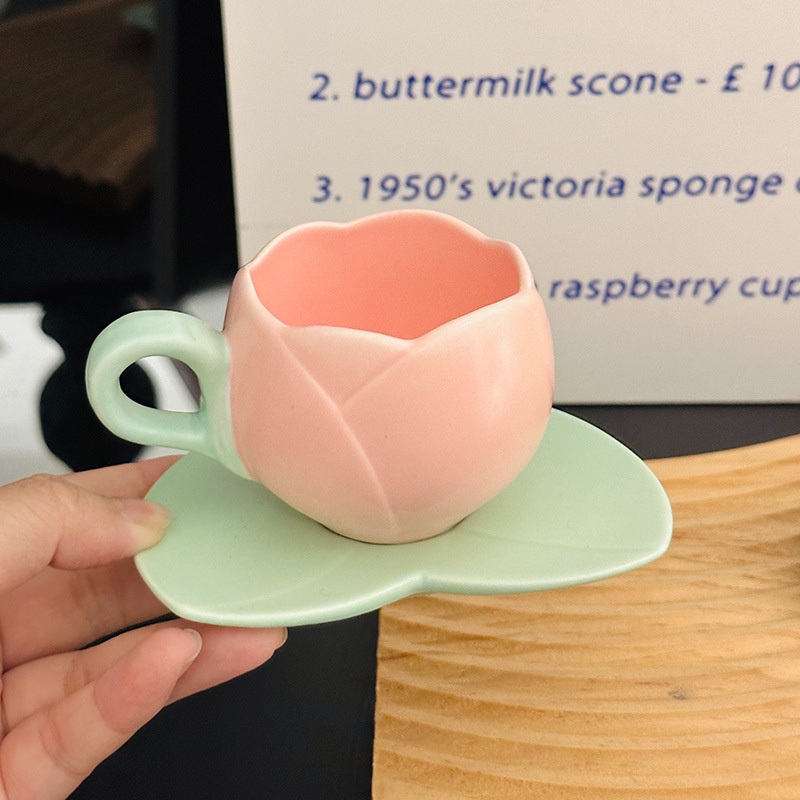 Mini 100ml Embossed Ceramic Tulip Shaped Mug Niche Coffee Cup Saucer – Party Supply and Holiday Decoration price