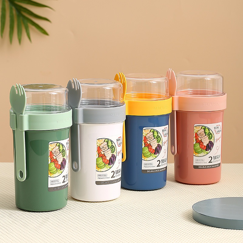 Multifunctional PP 2-Layer Cereal Salad Oatmeal Cup Leak Proof with Fork – Cereal Cup and Salad Cup price