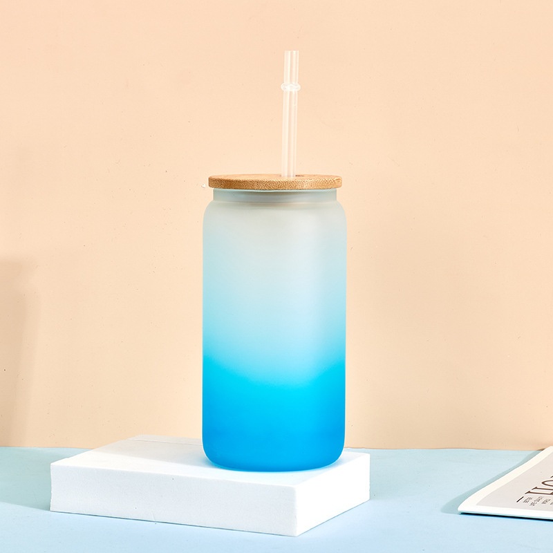 Sublimation Gradient Frosted Glass Can Cup Tumbler with Bamboo Lid and Straw – Glass Tumblers and 16oz Tumblers price
