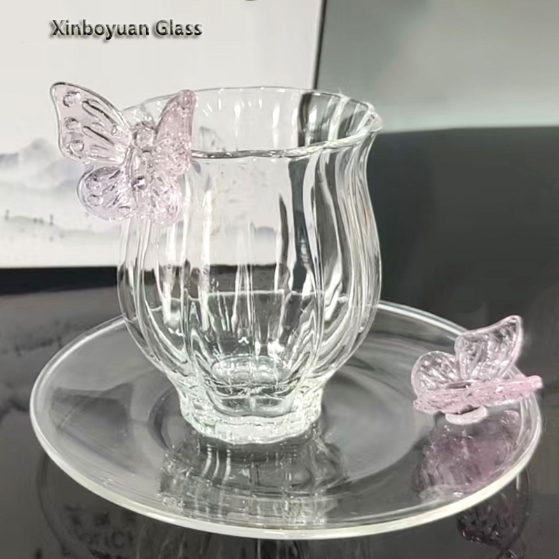 Ins Glass Pink Butterfly Tea Cup Wind Lotus Butterfly Borosilicate Glass Yogurt Tea Cup Coffee Cup and Saucer Set – Glass Dessert Cups and Butterfly Tea Cup price