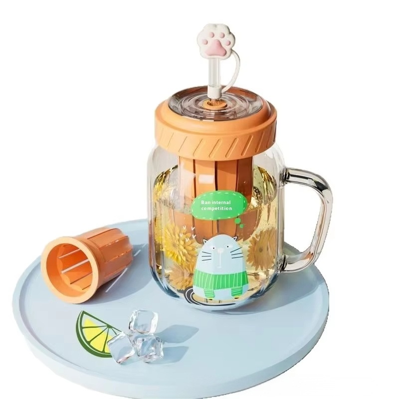 2025 High Temperature Office Cup for Women Fashion Glass Mug with Handle Manual Drive Cartoon Suction Tube Cup – Glass Cup and Coffee Cup price
