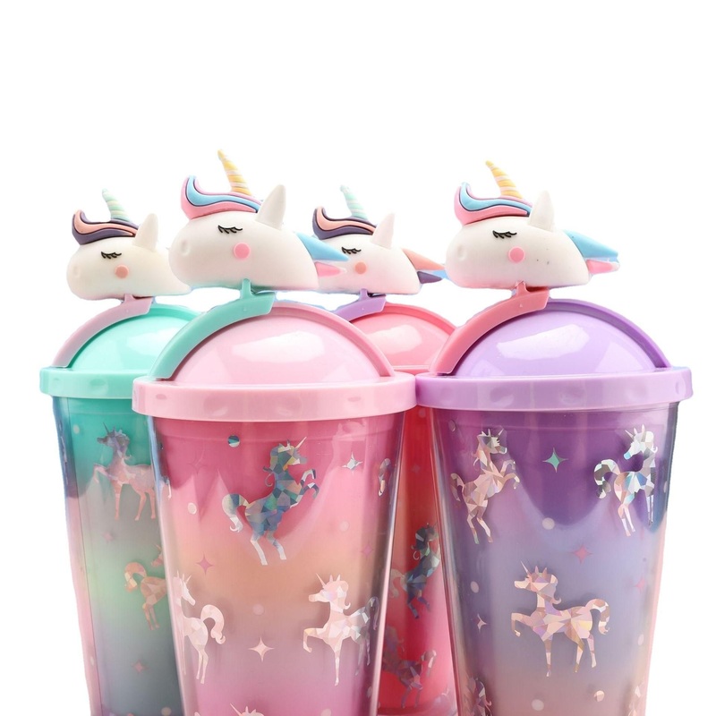 New Unicorn Plastic Drinking Bottle Cute Cartoon Handy Cup Summer Water Cup with Straw – Cute Cups and Summer Cup price