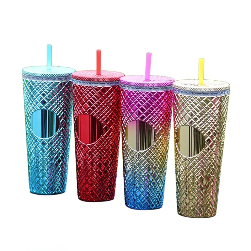 24oz 710ml Double Layer Diamond Luxury Durian Pattern Plastic Cups Colorful Pineapple Textured Coffee Tumbler Plastic Bottle with Lid and Straw – Pineapple Textured Cups and Plastic Cups price
