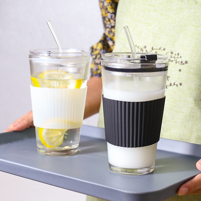 350ml Anti-Scalding Stripe Silicone Sleeve Glass Straw Water Cups Reusable Travel Coffee Mug with Lid – Water Bottle and Glass Water Cup price