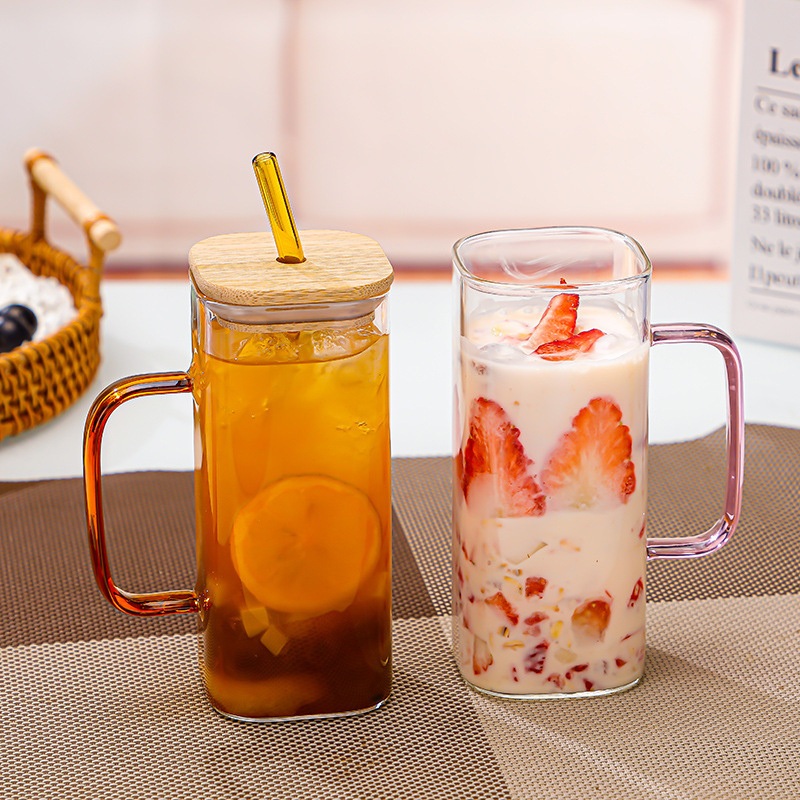 Clear Square Milk Coffee Borosilicate Reusable Drinking Mug Cups with Handle and Straw – Water Cup and Office Water Cup price