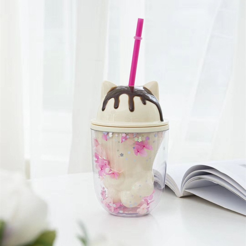 Cute Design 600/700ml Large Capacity Cat Ear Lid Cup Plastic Double Wall Glitter Tumbler Cup – Water Bottle and Vacuum Cup price