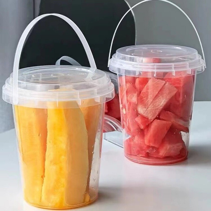 Disposable 24oz 32oz Bucket Takeaway Drink Cups Bubble Boba Fruit Tea Clear PP Plastic Cup with Handle and Lid – Biodegradable Cup and Disposable Cup price