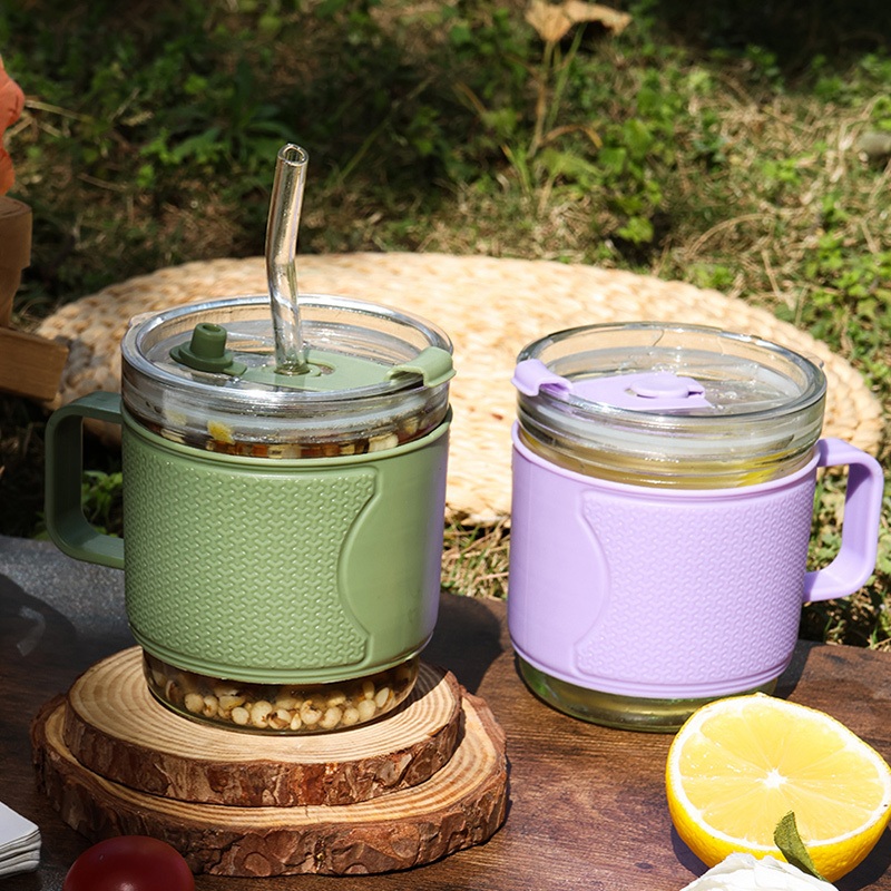 New Arrival 350ml 420ml Office Homeuse Cup Purple Green Leather Sleeve Glass Milk Coffee Mug with Handle – Glass Water Cup and Colored Water Cup price
