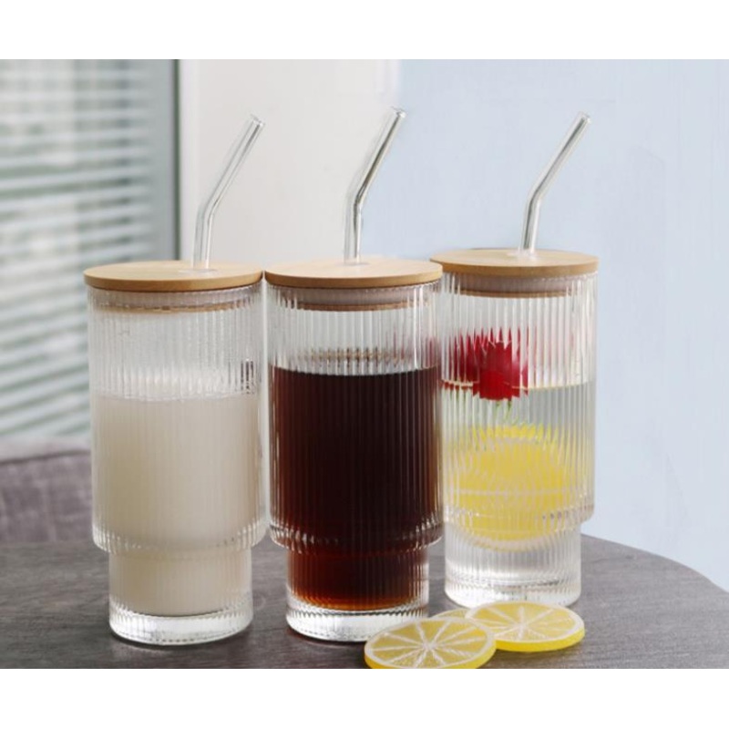 Wholesale Hot Sale Vertical Stripe Clear Coffee Milk Water Cup Drinking Glass Office Cup with Bamboo Lid and Glass Straw – Glass Cup and Cappuccino Glass Cup price