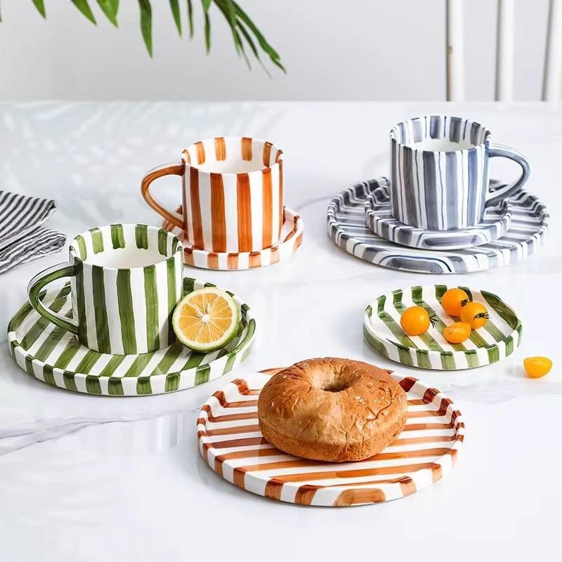 280ml Ceramic Coffee Cup with Handle Saucer Set Striped Latte Cups Plate – Ceramic Cup and Ceramic Water Cup price