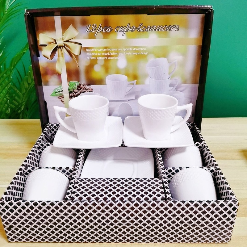 Low Price Hot Sell European Style Porcelain Espresso Cups White Simple Embossed Pattern 12PCS Ceramic Coffee Cups and Saucers in Gift Box – Mug and Dinner Set price