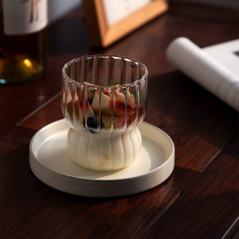 Transparent Striped Handleless Glass Tea Coffee Mug Heat Resistant Insulated Water Cup Creative Milk Juice Mug – Juice Mug and Glass Mug price