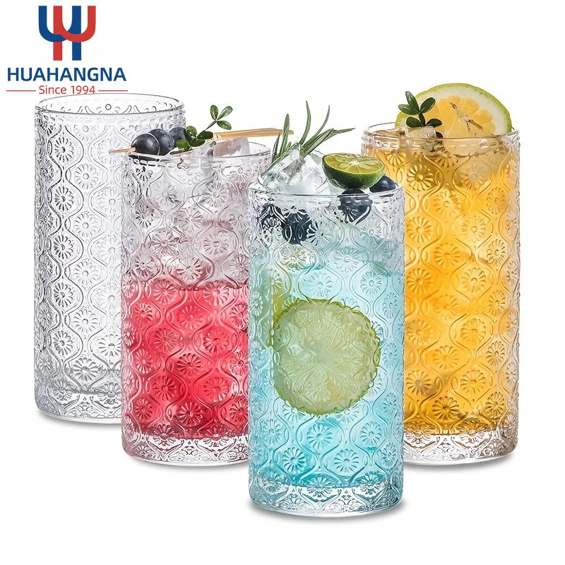 13 Oz Embossed Pattern Style Transparent Iced Coffee Drinking Glass Cup Set Manufacturers – Glass Cups and Glass Cup price