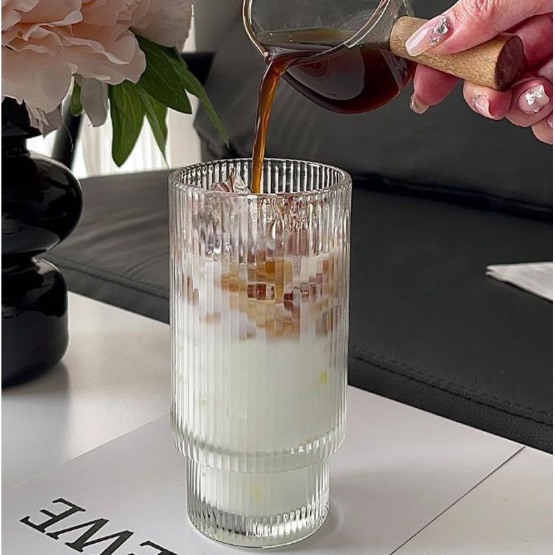 Classic Vertical Stripes Tea Mug Elegant Coffee Cup with Glass Lid Clear Glass Coffee Mug – Glass Cup and Cappuccino Glass Cup price