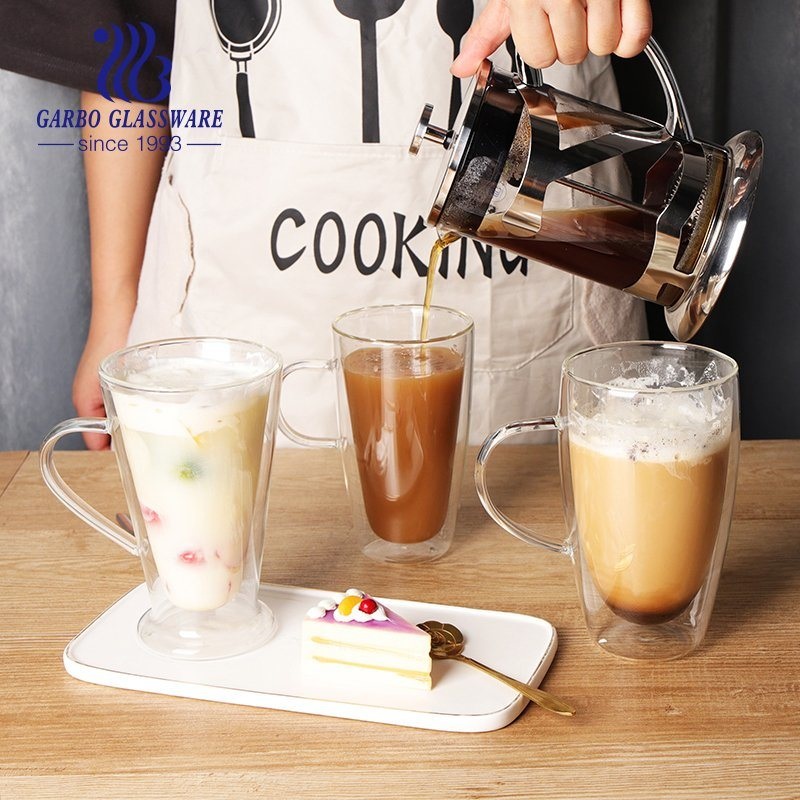 Wholesale Unique Shape Double Wall Glass Coffee Mug Borosilicate Glass Tea Cup with Handle for Cafe Hotel Heat Isolated Coffee Glass – Glass and Cup price
