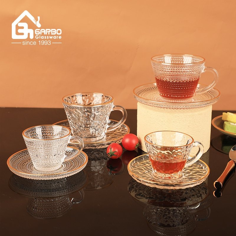 Customized Logo Embossed Glass Mug Coffee Tea Cup with Saucer with Gold Rim – Glass Tea Mug and Glass Coffee Mug price