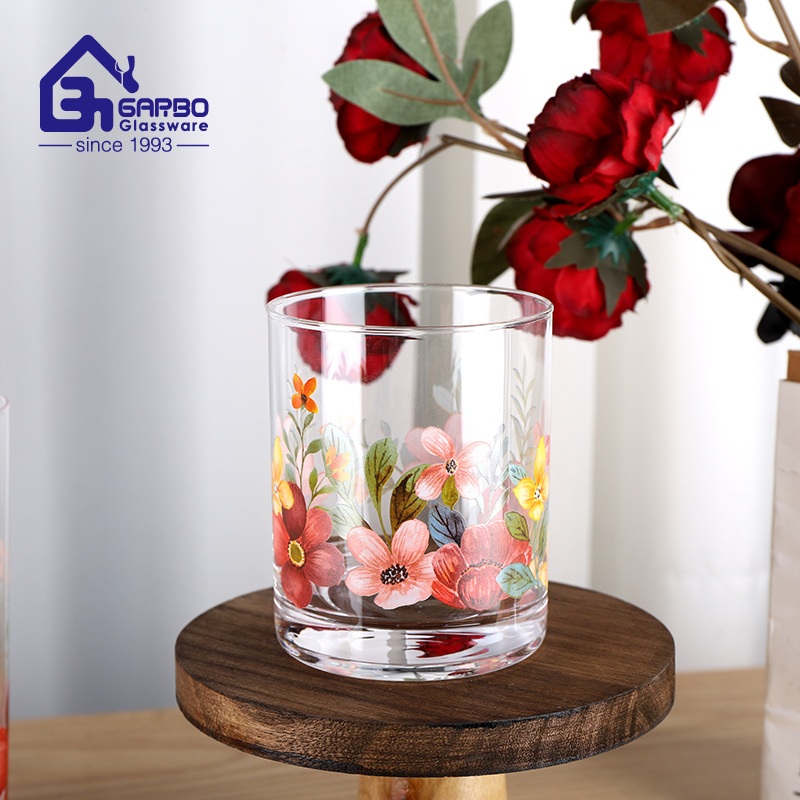 Handmade Small MOQ Heat Resistant Borosilicate Glass Cup 410ml with Customize Flower Decal – Glass Cup and Borosilicate Glass Cup price