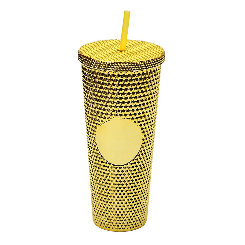 Wholesale 24oz Double Wall Electriplate Gold Plastic Tumbler Big Capacity Colored Plastic Durian Textured Coffee Mug with Lid and Straw – Electriplate Plastic Tumblers and Coffee Mug price