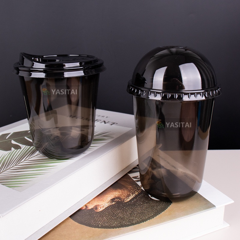 12 14 16 20 24 Oz Disposable Plastic Pet Black Cup with Dome Flat Lid Cover Supplier – Plastic Cups for Juice and Plastic Cups for Beer price