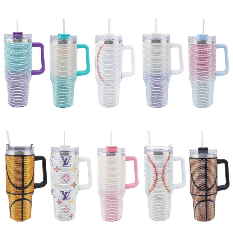 40oz Insulated Bling Rhinestone Tumbler Cup with Handle Vacuum Leak Proof Bottle Straight Shape for Camping – Sports Water Bottle and Rhinestone Tumbler price