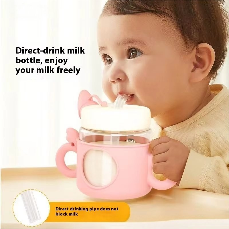 Wholesale Cute Cartoon Double Drinking Cup 1-3 Years Old Love Milk Glass Cup with Silicone Lid – Glass Cup and Coffee Cup price