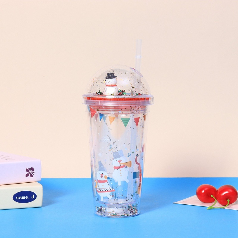 Wholesale Popular 450ml 16oz Double Wall Plastic Tumbler with Straw Glitter Snowman Water Cup Snow Globe Tumbler for Kids & Children – Sport Water Bottle and Drinking Bottle price