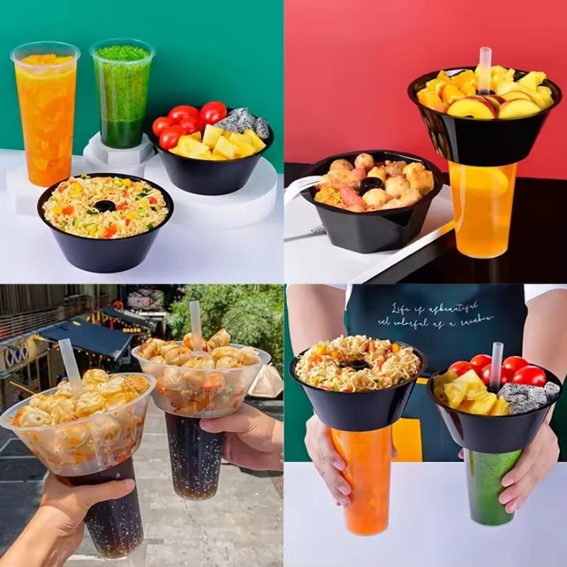 Hot Pot Cup Disposable PP Plastic Juice Boba Bubble Tea Cup with Fried Chicken Fruit Salad Food Bowl Snack and Small Drink Cup – Hot Pot Cup and Snack Bowl Holder Cup price