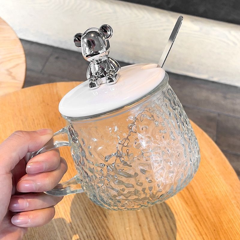 Wholesale Bear Lid Glass Water Floral Tea Breakfast Cereal Cup 400ml Milking Cups Ice Coffee Mug with Handle – Teddy Bear Cup Glass Gift Promotional and Gift Cute Tumbler Cup with Straw Glass Luxury price