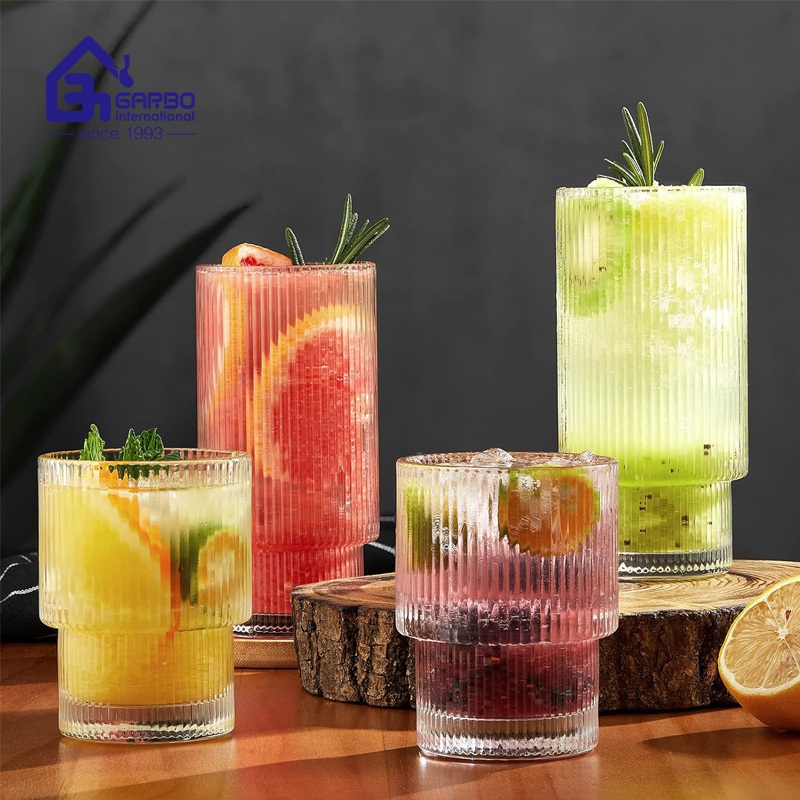 Best Sale Wholesale Elegant Ribbed Glass Ware Cup Stackable Transparent Highball Striped Glass Tumbler Drinking for Cocktail, Whiskey, Juice – Vintage Glass Tumbler and Glass Cup Glass Tumbler price