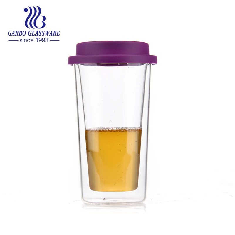 Popular 400ml Double Wall Glass Tumbler Wine Beer Glass Cups Clear Borosilicate Glasses Insulated Glassware with Silicone Lid – Double Wall Glass Tumbler and Glass Tumbler price