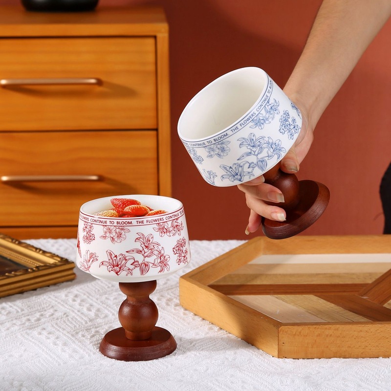 Wholesale OEM Custom Design Ins Floral Ceramic Bowl Wooden Goblet Ceramic Ice Cream Cup with Wooden Base – Ceramic Cup and Mug price