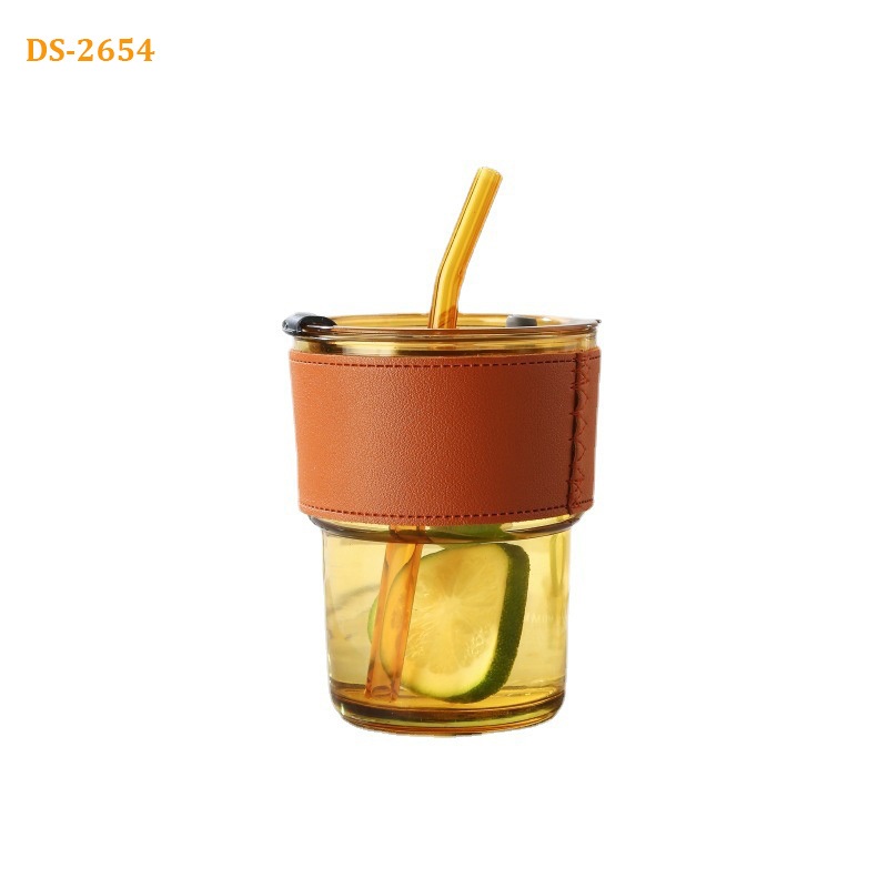 Ds-2654 Hot Sale High-Value Joker Glass Bamboo Joint Cup Ins Style Straw Coffee Cup Gift Glass Water Cup with Anti-Scalding Leather Plastic Cup for Milk Tea – Glass Cup and Bamboo Joint Cup price