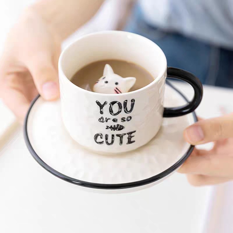 Factory Hot Sell Personalized 3D Cute Cat Design Ins Porcelain Tea Cup and Saucer Set Ceramic Coffee Mug 220ml 7.7oz – Cup and Mug price