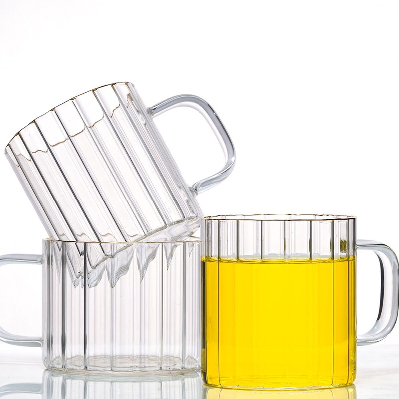 Wholesale Bulk 350ml 12oz Round Gold Edge Vertical Grain High Borosilicate Glass Coffee Mug Clear Tea Cup with Handle – Glass Cup and Coffee Cup price