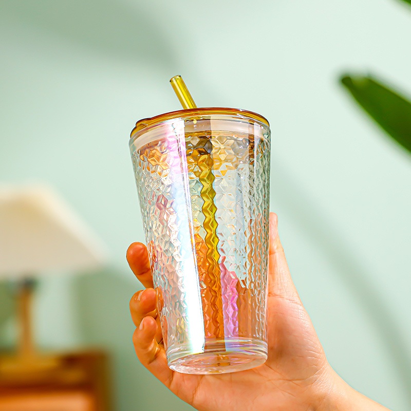 Hot Sale Colorful Gift Set Luxury 15oz Water Cover Glass Cup with Straw Glass Office Cup – Glass Office Cup and Glass Cup with Lid price