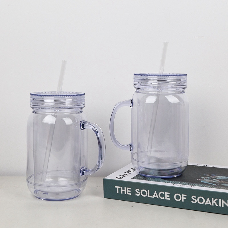 20oz Double Wall Acrylic Plastic Mug Cups Clear Snow Globe Glitter Mason Jar Tumbler with Handle – Tumbler with Handle and 20oz Mason Jar Tumbler price