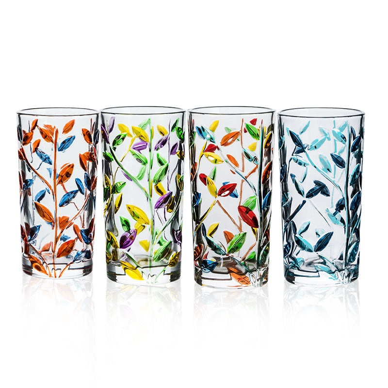 340ml Lead-Free Glass Drinking Whiskey Glasses Creative Hand-Painted Leaf Twig Highball Embossed Glass Cups – Glass Cups and Embossed Glass Cups price