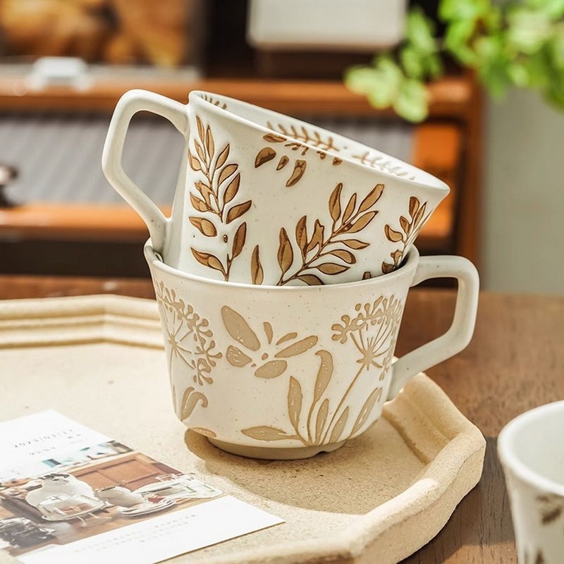 Vintage Embossed Aquatic Weed Ceramic Coffee Cup Breakfast Oatmeal Milk Mug – Ceramic Mug with Embossed and Embossed Flower Daisy Ceramic Mug price