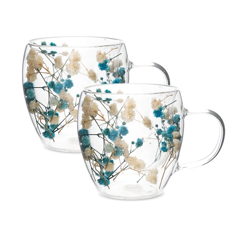Elegant Double Wall Glass Cup with Dried Flowers Design – Dried Flowers Glass Cup and Double Wall Glass Cup price