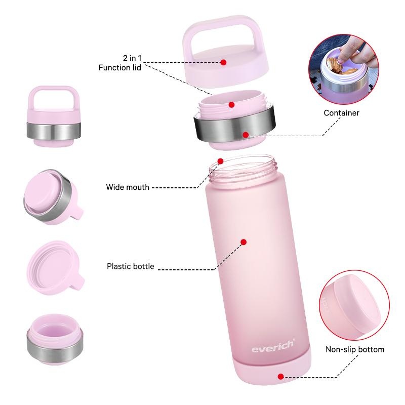 Everich ODM Glass Water Bottle with 1 in 2 Function Lid Wide Mouth Water Bottles with Pill Box – Leak Proof and Durable price